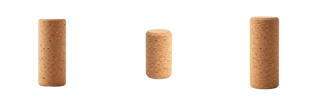 Set of Natural Brown Cork Stopper for Bottles Isolated on White Background, PNG