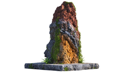 Jagged multi-colored rock formation with green moss and plants, isolated on transparent background © Eoin