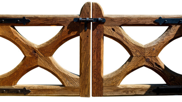 Rustic wooden double gate with ornate metal hinges, isolated on transparent background