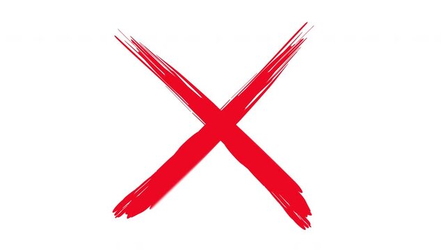 Red x mark hand-drawn brush stroke animation on white background, for overlay and motion