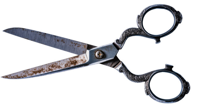 Antique ornate metal scissors with rusty blades, isolated on transparent background