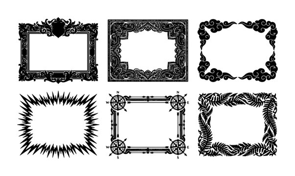 Ornate Vintage Frames Collection, Decorative Black and White Vector Borders, Elegant Flourishes and Nautical Elements for Design Projects