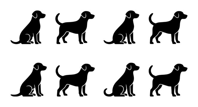 Black Labrador dog silhouettes set, 8 labrador retriever vector icons in sitting and standing poses, pet animal profile graphics for logos