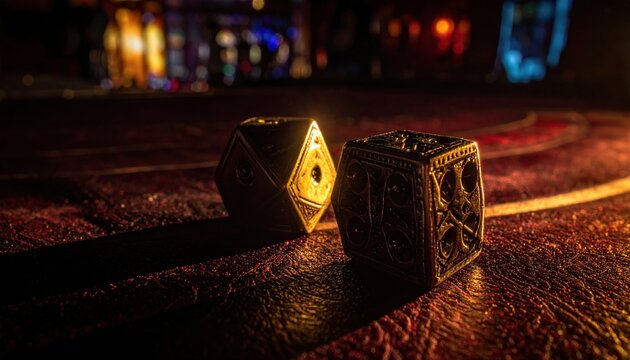 Close up of intricate and ornate metallic dice with sharp edges and raised symbols resting on a dark surface, glowing with a mysterious warm light in a fantasy tabletop setting.