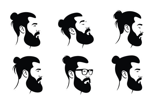 Bearded Man Bun Hairstyles Vector Set, Diverse Male Grooming Styles, Hipster Man Bun Icons, Modern Men's Haircuts Collection, Black and White Silhouettes