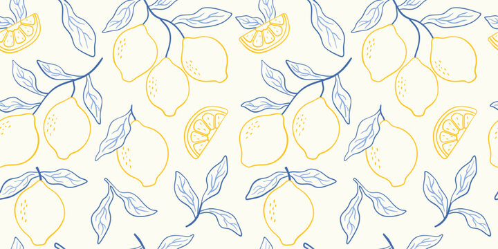 Seamless pattern with lemons and leaves. Summer citrus background design