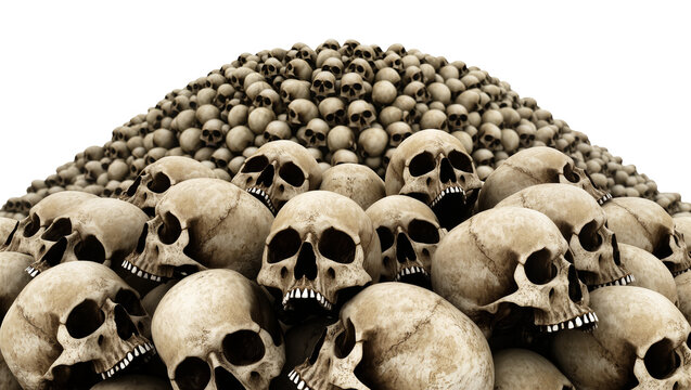Massive pile of human skulls, isolated on transparent background