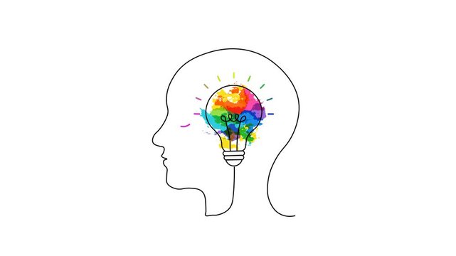 Creative Mind Idea Lightbulb Concept Animation. Minimal Line Art Of Human Head Profile with Vibrant Multi color Light bulb Inside The Brain. Creativity, Innovation, And Imagination