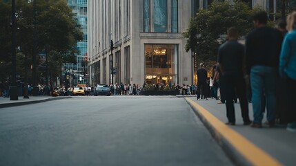 Obraz premium A vibrant street scene capturing daily life with pedestrians walking past modern architecture and lush greenery