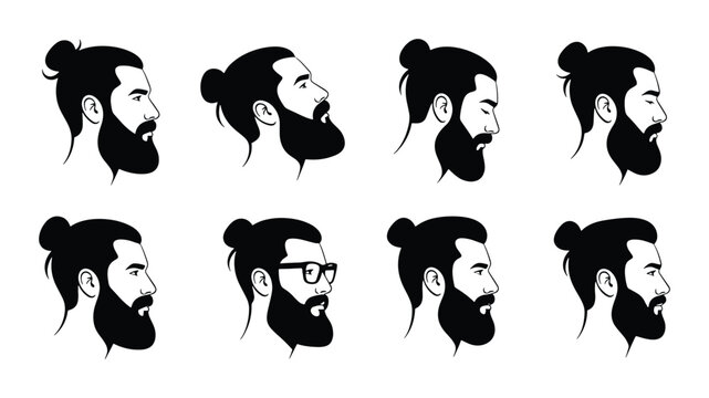 Modern Man Bun Hairstyle Vector Icons, Bearded Male Silhouettes Set, Diverse Profile Views for Grooming and Style Concepts