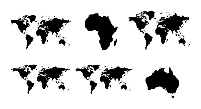 World Map Silhouettes Collection: Continents, Global Geography, Africa, Australia, International Travel, Business Concepts, Vector Art