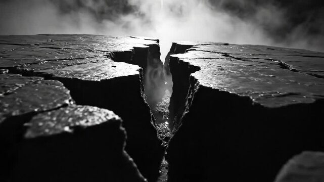 Dramatic ground fissure with steam rising to a single light source against a dark foggy sky