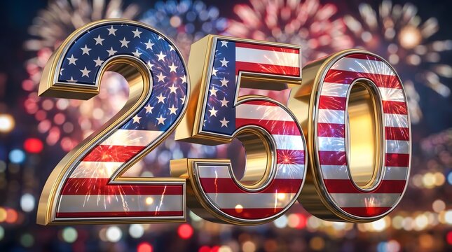 Creative 3D Number 250 with American Flag Pattern and Fireworks Background for USA 250th Anniversary Celebration