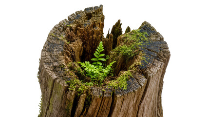 Old weathered tree stump with green moss and fern sprout, isolated on transparent background © Eoin
