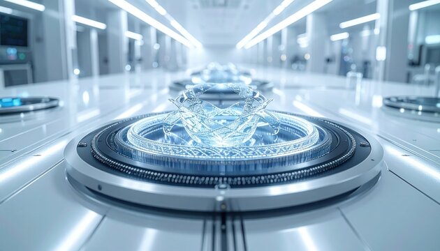 A high performance quantum processor chip with intricate etched superconducting loops inside a sterile laboratory environment, reflecting modern advancements in computational technology.