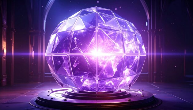 A glowing crystalline structure of a quantum resonator pulsing with vibrant purple light within a high tech laboratory setting, representing advanced scientific energy research.