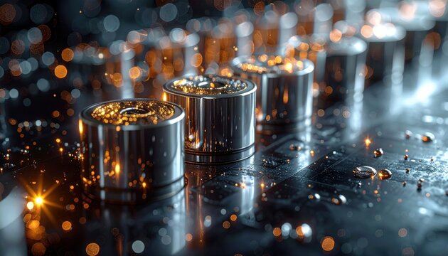Extreme close up of a gleaming superconducting qubit array processor on a dark textured circuit board with glowing bokeh light reflections highlighting complex quantum computing hardware.