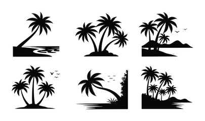 Fototapeta premium Tropical Palm Tree Silhouettes, Beach Paradise Scenes, Coastal Vacation Vistas, Island Getaway Illustrations