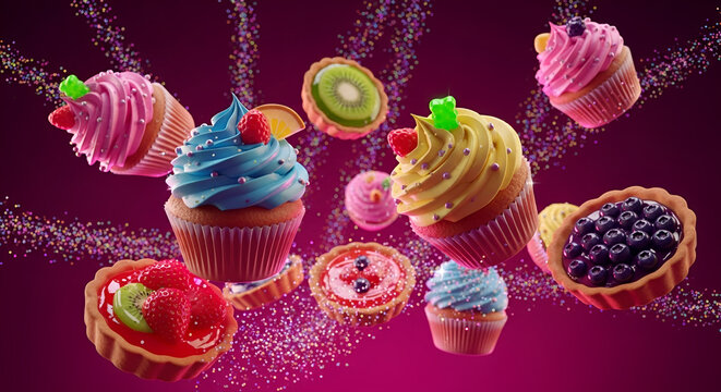 Floating cupcakes and fruit tarts with colorful frosting and gummy bears exploding on a sparkling magenta background, whimsical dessert display, sweet treats party concept.