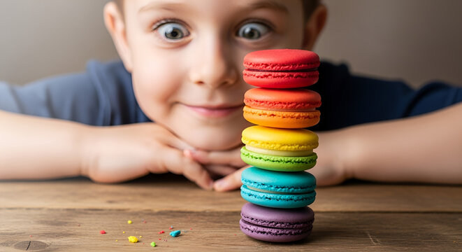 Excited child staring with wide eyes at a colorful stack of rainbow macarons on a wooden table, sweet treat indulgence, childhood joy, dessert cravings, vibrant food photography.