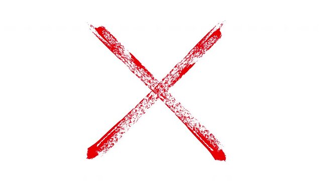 Hand-drawn red x mark animation on white background, grunge brush stroke, cross symbol