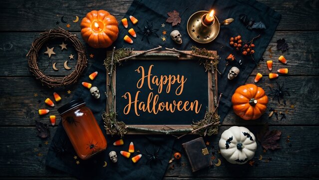 Halloween flat lay arrangement on dark wooden table with pumpkins candy corn skulls and spiders. Autumn holiday concept for seasonal greetings and invitations