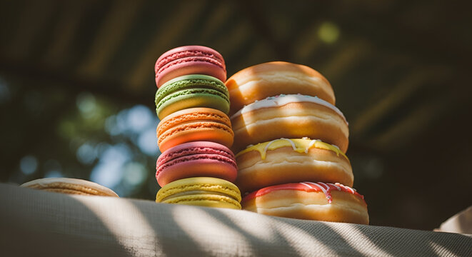 Stacks of colorful French macarons and glazed donuts in soft outdoor sunlight, gourmet bakery sweets, indulgent dessert assortment for cafe menus and celebratory parties.