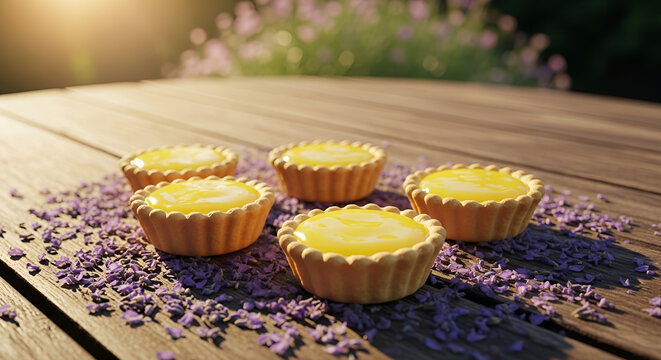 Lemon curd tarts on rustic wooden table sprinkled with lavender petals, golden hour sunlight, gourmet bakery dessert, summer garden party, citrus pastry treats, sweet snacks.