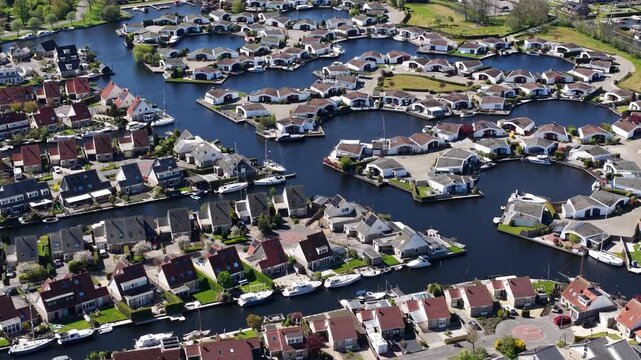 Aerial view of lemmer waterfront houses and canals in the netherlands