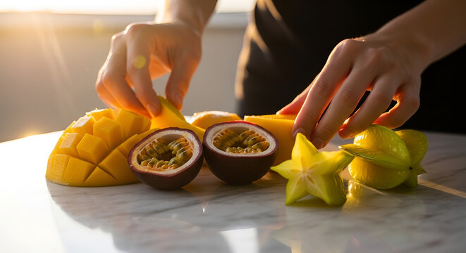 Person preparing exotic tropical fruits on marble counter at sunrise; sliced mango, passion fruit, and carambola starfruit for healthy breakfast, culinary and wellness lifestyle.