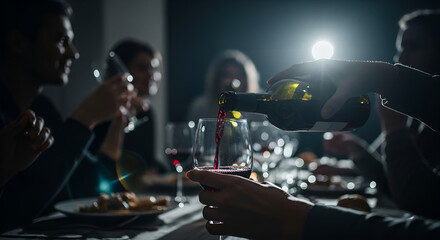 Naklejka premium Pouring red wine into a glass at an elegant dinner party, moody cinematic atmosphere, friends socializing in a dimly lit restaurant, celebration, fine dining, and luxury lifestyle.