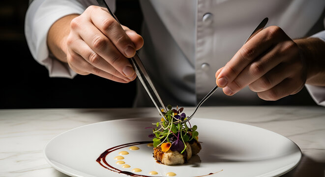 Professional chef meticulously plating a gourmet dish using culinary tweezers, fine dining presentation, exquisite food styling, Michelin star restaurant, gastronomy art.