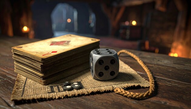 A detailed close up of a weathered die and a stack of aged playing cards sitting on a textured burlap surface inside a dark and moody tavern, capturing the essence of a classic high stakes game.