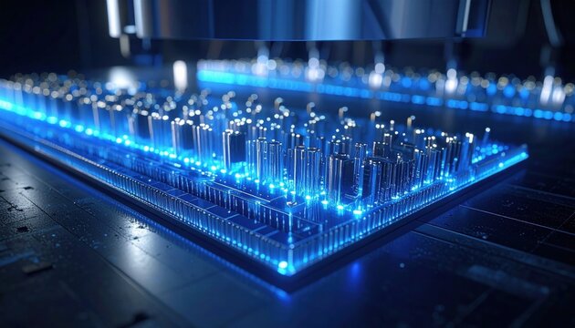 A high density superconducting qubit array rendered as an intricate network of illuminated conduits, representing advanced quantum computing architecture and high speed data processing.