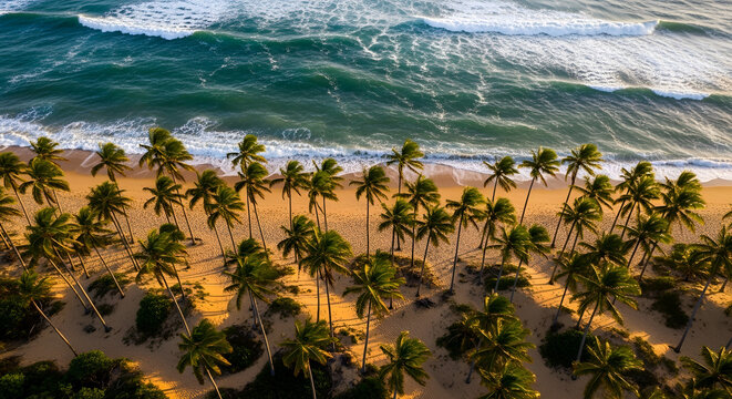 Tropical coastline vulnerable to hurricane surge and sea level rise, aerial view of palm trees on a beach at risk of storm damage, coastal erosion, and environmental threat.