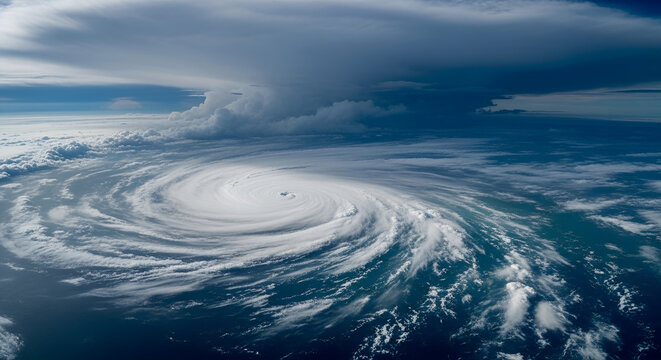 Hurricane eye viewed from space, massive cyclone swirling over deep blue ocean, powerful tropical storm system, climate change and natural disaster concept, atmospheric vortex.