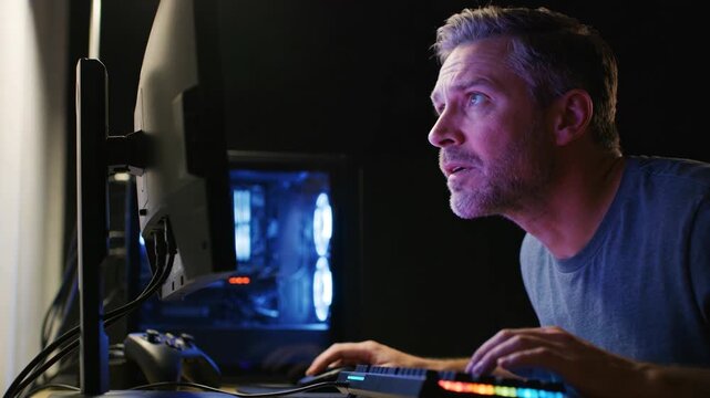 Caucasian man playing computer game on neon illuminated desktop. Gamer using mechanical keyboard in dark room. Esport competition and digital entertainment concept.