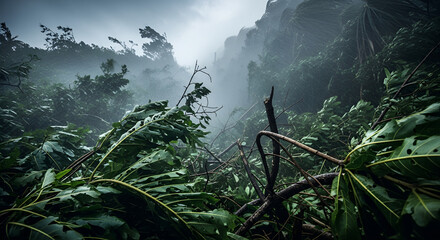 Fototapeta premium Gale-force winds and heavy rain battering tropical forest trees during a powerful hurricane, intense natural disaster scene, climate change impact, and storm damage.