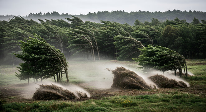 Powerful storm winds bending trees in a forest clearing, dust and debris flying across the landscape, natural disaster scene, extreme weather conditions, climate change impact.