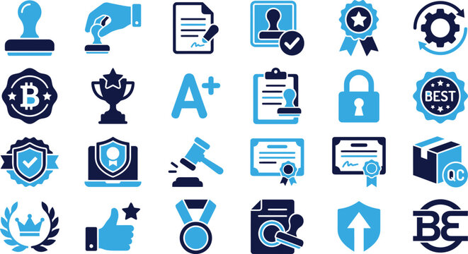 Collection of business and approval icons, stamps, badges, and certificates.