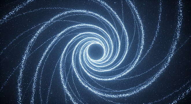 Glowing blue particle vortex spiral, futuristic digital wormhole, cosmic energy stream, abstract data motion, high-tech background for AI and quantum computing, sci-fi concept.