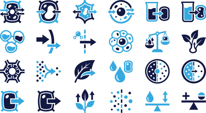 Set of science icons cell biology and process symbols for research and education simple blue illustrations.