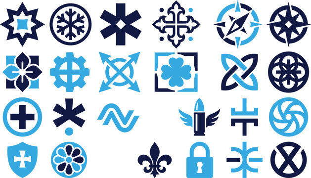 Collection of abstract geometric symbols and emblems for design and branding elements clean blue icons.