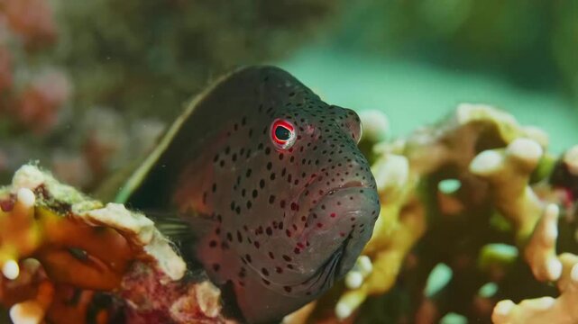 A close up shot captures a beautiful Freckled Hawkfish Paracirrhites forsteri resting gracefully on a colorful coral reef, showcasing its distinctive spotted pattern and vibrant red eyes.