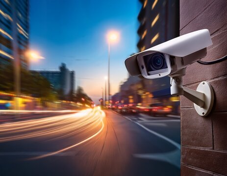 outdoor security camera monitoring street scene at dusk