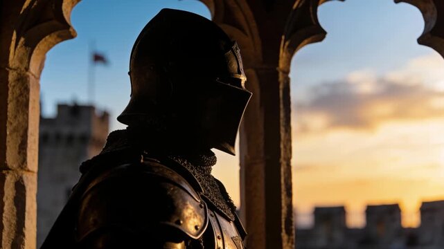 Knight in metal armor standing in a stone castle window during golden hour. Medieval warrior watching sunset horizon from fortress tower. History guard concept.