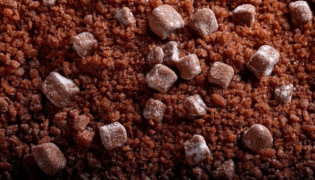 close up macro texture of dry hot cocoa chocolate mixture with small granules of sugar