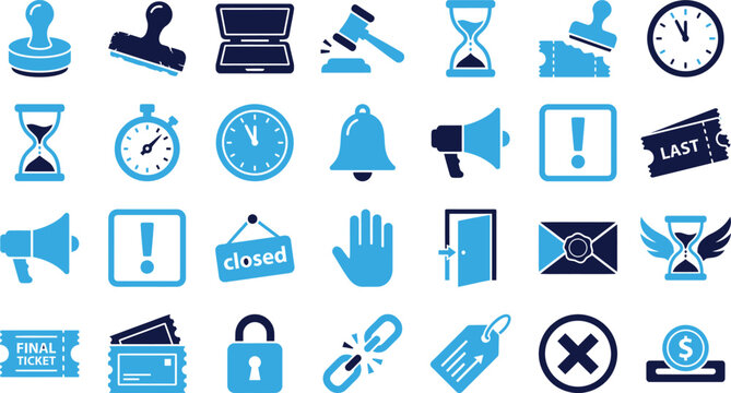 Group of time management and alert icons for business and services representing deadlines important announcements and tickets.