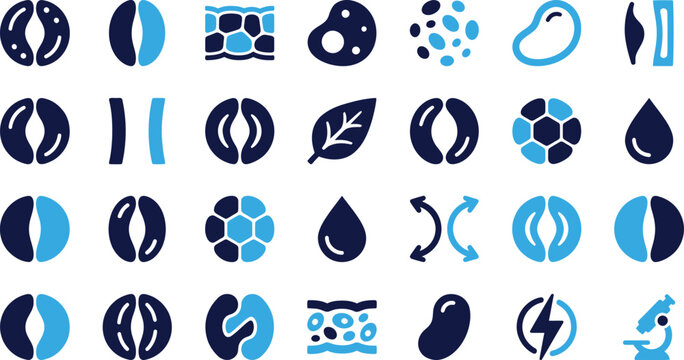 Set of biological cell icons and microscopic elements for science education and research purposes.