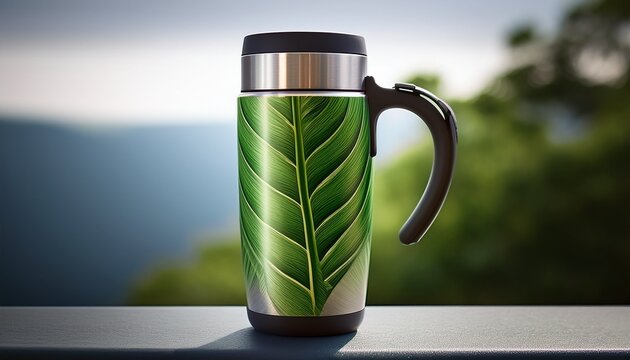photo realistic stainless steel travel mug with green leaf pattern grip insulated tumbler for eco friendly drinkware hot beverages lifestyle